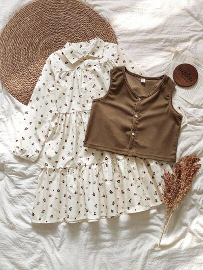 Vintaside Kids 女童宽松休闲长袖碎花连衣裙、棕色背心、校服套装