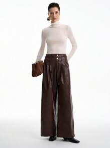 Aalyst Women's Casual Autumn Double-Layer Waistband Wide Leg Pants Fall Cloth For Women - Coffee Brown - View 5