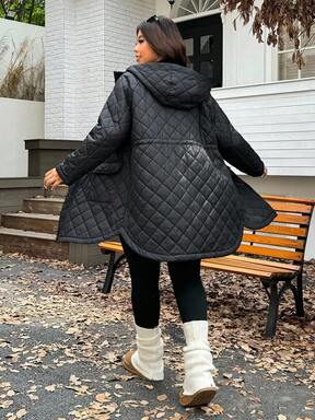 SHEIN EZwear 2025 جاكيت طويل الأكمام فضفاض بخصر قابل للتعديل من قماش مبطن مركب دافئ، مناسب للخروجات والاستخدام اليومي والحفلات والمناسبات المتعددة، موديل جديد خريف/شتاء