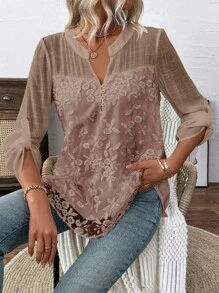 EMERY ROSE Embroidered Chiffon Casual Loose Long Sleeve Shirt Fall Cloth For Women - Dusty Pink - View 3