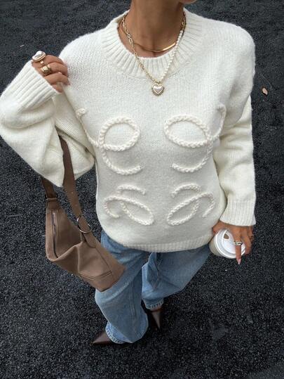 Siren Gaze Winter Christmas Pull Round Neck Long Sleeve Loose White Sweater Women Pull Women's Loose Fit Drop Shoulder Long Sleeve Casual Sweater Casual