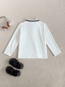 PrepCrw Young Boys' Polo Collar Long Sleeve T-Shirt, Collegiate Style Boys Longsleeve Polo Shirt Boys Dinosaur Polo Shirt Boys White Polo Shirt Long Sleeve Polo Shirts For Kids Boys Preppy Tops - Black and White - View 2