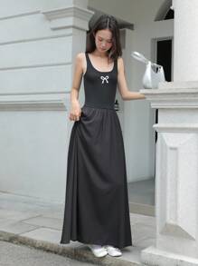 K-Vae Women's Summer Casual Black Bow Embroidered Dress, Elegant And Cute Sleeveless Long Dress, Daily Holiday Dress - Black - View 6