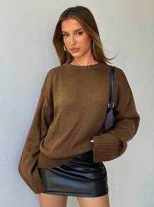 Aloruh Women's Casual Versatile Solid Color V-Neck Loose Knit Sweater In Fall/Winter,Brown Sweater - Brown - View 6