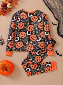 Tween Boys' Halloween Pumpkin Graphic Print Long Sleeve Top And Leggings Set, Pumpkin Lantern Pattern, Snug Fit Pajamas Fall Winter - Multicolor - View 2