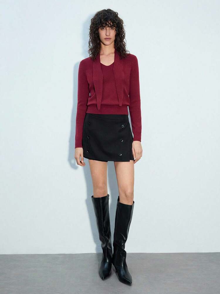 SHEIN Maija Women's Casual & Commuting Solid Color Button Decor Mini Skirt Valentines Day,Festival