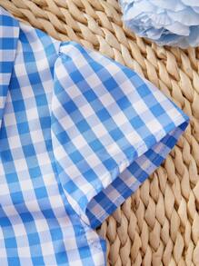 قميص كارديجان أنيق بياقة عالية وأكمام قصيرة مخطط باللون الأزرق للبنات