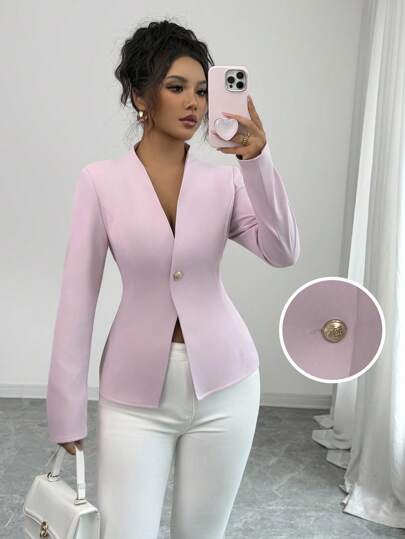 EMERY ROSE Chaqueta elegante de mujer de unicolor, de manga larga, con cintura ceñida y delgada
