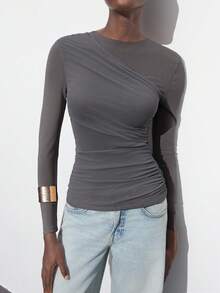 Maija 女士优雅灰色网眼拼接褶皱长袖T恤，百搭实用，适合日常穿着、商务休闲、办公、教师等场合。 - 灰色 - 查看 5