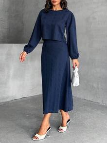 EURMUSE 2 PCS, Texture Fabric Long Sleeve Top & Long Skirts - Navy Blue - View 1