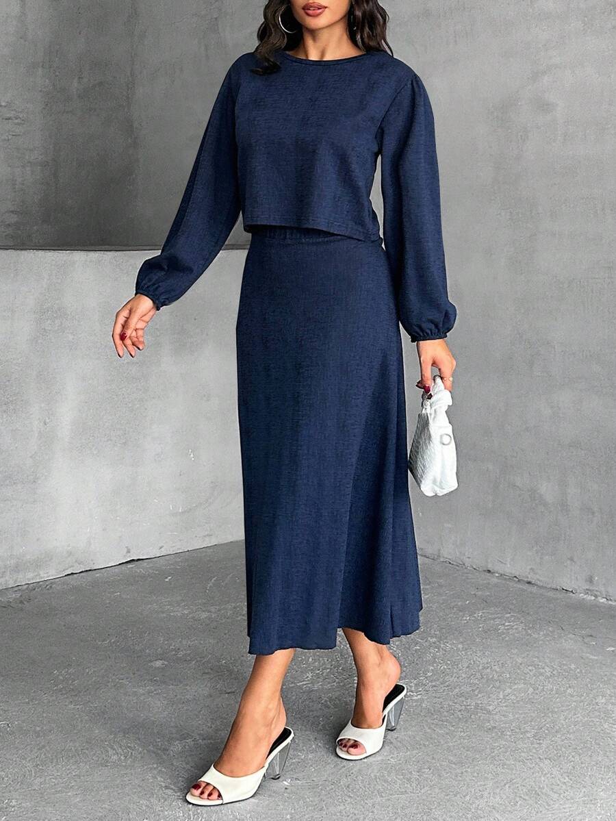 EURMUSE 2 PCS, Texture Fabric Long Sleeve Top & Long Skirts - Navy Blue - View 1
