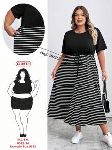 SHEIN CURVE+ Kurvenreiche Große Größen/Herbstkleidung/Herbstmode für Frauen/Winterkleidung für Frauen/Wintermode Große Größen Modische Lässig-bis-Business Elegante Free People Schulanfang, Outfit für Lehrer, Business-Profi, Pride-Bekleidung Schwarzes Kleid, Herbst, Konzerte, Damen Rundhals Taschen Mini Kleid, Gestreiftes Maxikleid