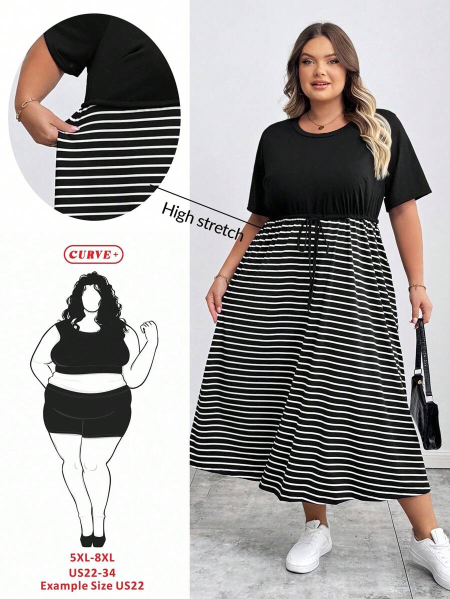 SHEIN CURVE+ Kurvenreiche Große Größen/Herbstkleidung/Herbstmode für Frauen/Winterkleidung für Frauen/Wintermode Große Größen Modische Lässig-bis-Business Elegante Free People Schulanfang, Outfit für Lehrer, Business-Profi, Pride-Bekleidung Schwarzes Kleid, Herbst, Konzerte, Damen Rundhals Taschen Mini Kleid, Gestreiftes Maxikleid