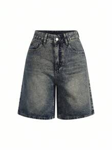 SHEIN x PRISCILA & JIMENA DAZY 女士夏季齐膝休闲牛仔短裤 - 深色水洗藍 - 查看 3