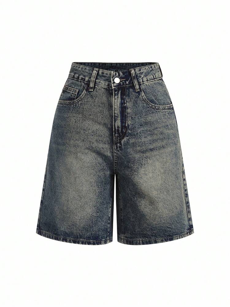 SHEIN x PRISCILA & JIMENA Women's Summer Knee-Length Casual Denim Shorts Jorts