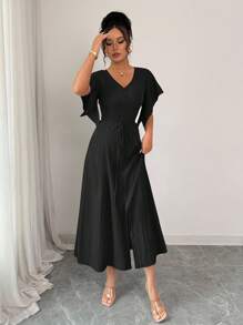 Elenzga Váy dài vừa phải dáng chữ A cổ chữ V thanh lịch, giản dị dành cho nữ, có nút cài, tay loe, thích hợp cho tiệc trà, kỳ nghỉ, đi làm, mùa xuân/hè - màu đen - Xem 3