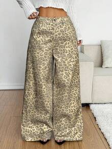 SHEIN EZwear Pantalones anchos y sueltos con estampado de leopardo, moda casual de mujer otoño 2025, para negocios y profesores - Dorado - Ver 3