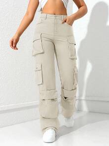 SHEIN ICON 休闲百搭纯色直筒工装牛仔裤 - 灰色 - 查看 5