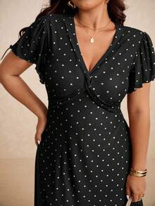 Elaquor Váy maxi chấm bi cổ chữ V xoắn lãng mạn tối giản cổ điển cỡ lớn dành cho nữ, mùa hè - màu đen - Xem 7