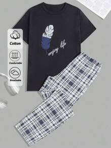 SHEIN Cottnline Cotton Men Letter Printed Regular T-Shirt Homewear Set - Navy Blue - View 1