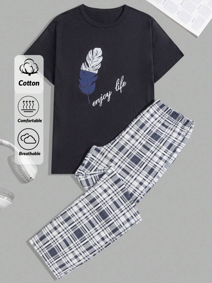 SHEIN Cottnline Cotton Men Letter Printed Regular T-Shirt Homewear Set - Navy Blue - View 1