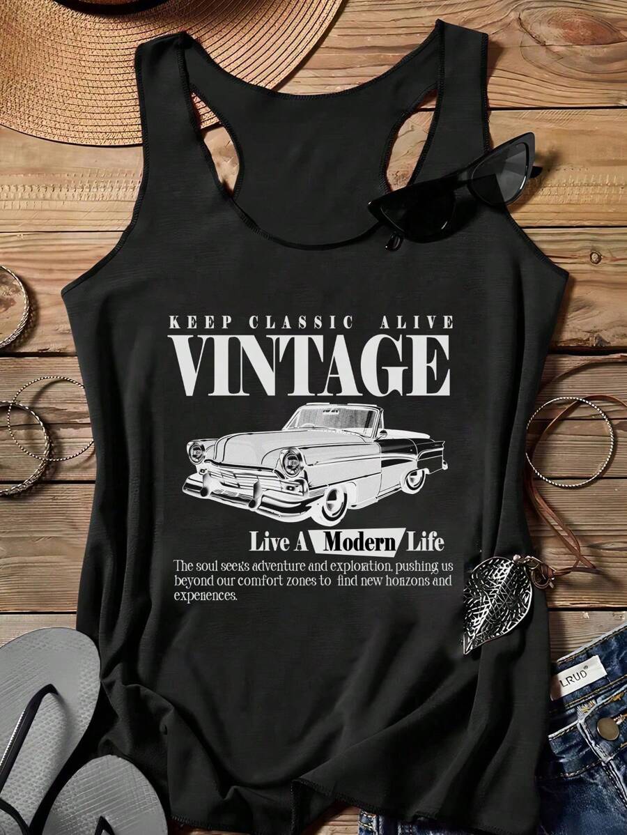 SHEIN LUNE Vintage Women's Casual Retro Car Pattern Tank Top, Suitable For Spring/Summer