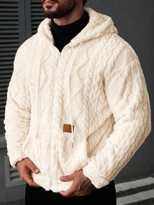 Manfinity CasualCool 男士长袖休闲纯色抓绒连帽外套，秋冬季百搭毛绒连帽羊羔绒外套 - 杏色 - 查看 3