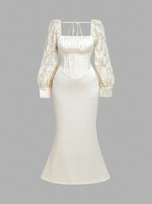 SHEIN MOD Plus Size Apricot Vintage Palace Style Elegant Jacquard Fabric Mermaid Maxi Dress With Long Sleeves - Apricot - View 6