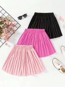 SHEIN Explorewe 3 件套女童夏季时尚纯色百褶裙，适合日常休闲穿着 - 彩色 - 查看 3