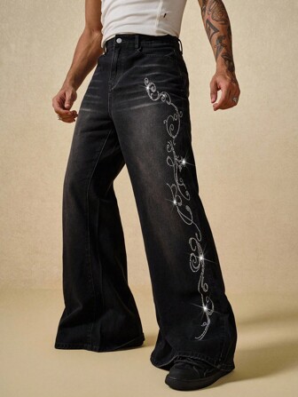 Street Life Jeans larghi da uomo con lavaggio e decorazioni in strass alla moda