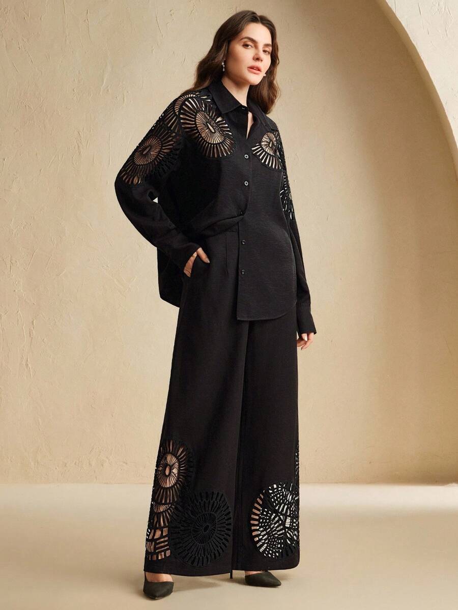 Anewsta 女士长袖镂空单排扣衬衫和阔腿裤休闲套装 - 黑色 - 查看 1