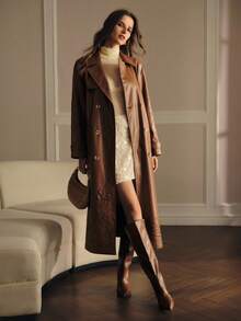 MOTF PREMIUM ABRIGO TRENCH DE PU CON BORDADO FLORAL - Marrón Chocolate - Ver 8