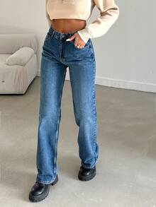 EURMUSE 100%Cotton Zipper Fly Straight Leg Jeans - Dark Wash - View 6