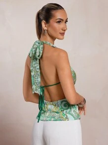 L'Amorae Women's Paisley Printed Satin Halter Neck Spaghetti Tie Front Top - Multicolor - View 1