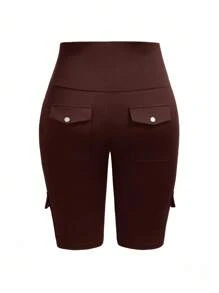 EMERY ROSE Plus Size High Waist Fold-Over Cargo Running Shorts With Pockets, Tummy Control & Butt Lifting - Brown - View 2