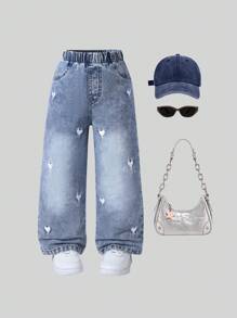 Young Girls Y2K Style New Fashion Loose Fit Heart Embroidered Washed Light Blue Straight Wide Leg Jeans, Casual Daily Versatile Girls Denim Pants - Light Wash - View 8