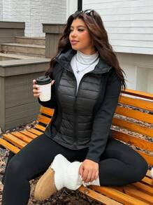 SHEIN CURVE+ Áo khoác nữ cỡ lớn có khóa kéo, ấm áp cho mùa thu/đông, mùa thu, trở lại trường, vải chần bông, ấm áp - màu đen - Xem 5