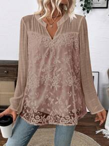 EMERY ROSE Embroidered Chiffon Casual Loose Long Sleeve Shirt Fall Cloth For Women - Dusty Pink - View 4