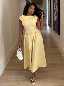 Alexandranx 女士优雅日常时尚新款度假灯笼袖收腰 A 字中长连衣裙，黄色 - 淡黃色 - 查看 7