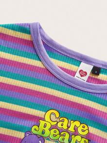 SHEIN X Care Bears 女式休闲可爱条纹熊印花长袖修身T恤