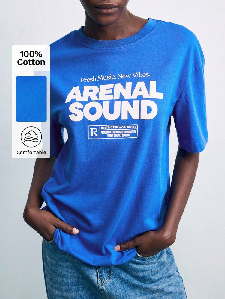 SHEIN X ArenalSound SHEIN Maija Women's Casual Loose Slogan Print Round Neck Short Sleeve T-Shirt, Summer Blue Graphic T-Shirt Rave Festival