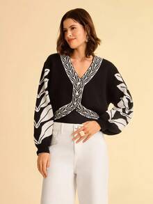 CAJUNI Áo khoác cardigan dáng rộng tay dài cổ chữ V họa tiết lá đen trắng dành cho nữ, đa năng cho mùa thu/đông - Đen và trắng - Xem 3
