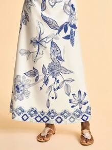 CAJUNI Women's Tropical Bohemian Style Blue Floral Print Wrap Halter Neck Backless Maxi Dress With Ruffle Bust Design