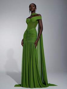 Elitara 优雅奢华橄榄绿色弹力网眼船领全荷叶边亮片伴娘礼服 - 綠色 - 查看 7