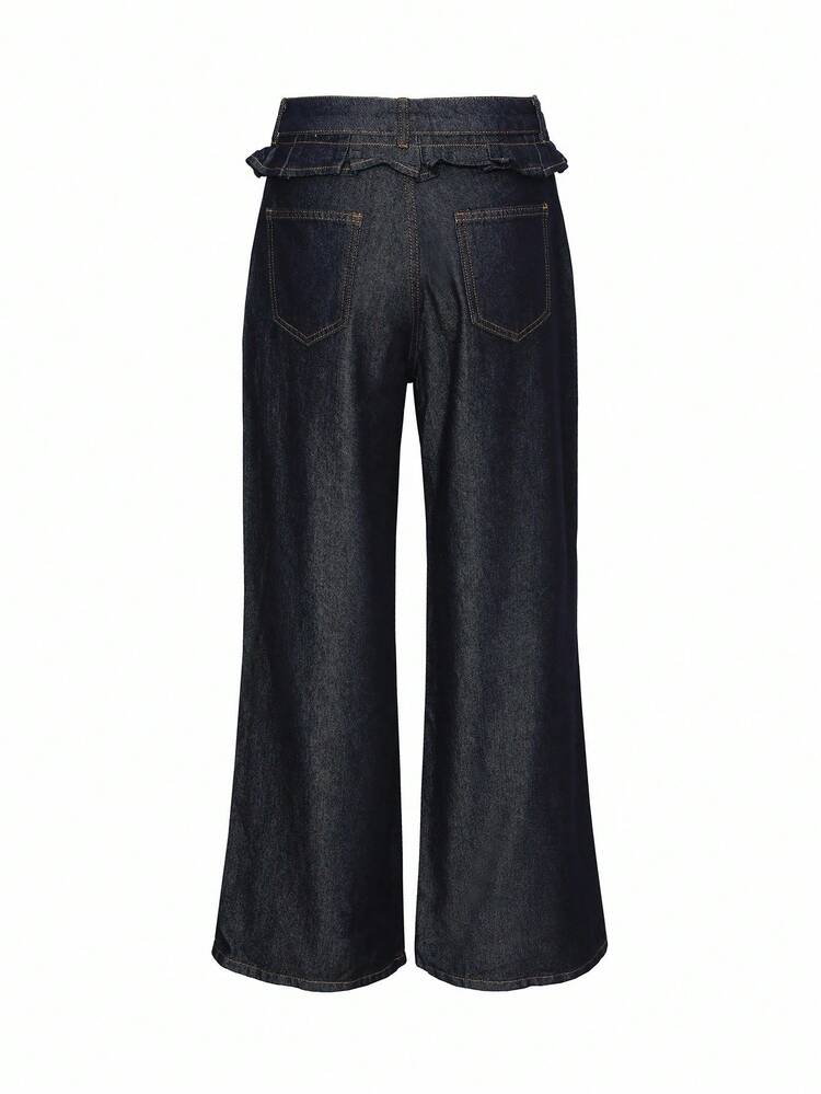 Dark Wash Blue Waisted Splice Ruffle Hem 2 In 1 Drawstring Loose Long Jeans, All Season