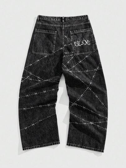 ROMWE Avant Men's Loose Fit Thorn Print Pocket Wide Leg Jeans