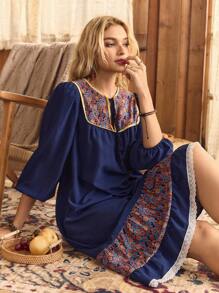 波西米亚风女士碎花流苏系领灯笼袖睡裙，秋冬款 - 彩色 - 查看 3