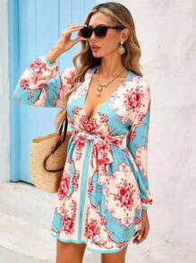 Vivid Eden Women's Vacation Floral Print Deep V-Neck Lantern Sleeve Fashionable Mini Dress, Floral Summer Dress Women, Women Vacation Dress, Italy Summer Dress, Long Sleeve Summer Dress, Wrap Dresses For Women Summer,Old Money Outfits Women