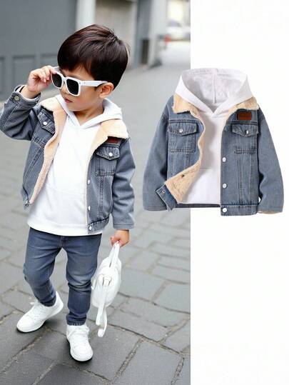 SHEIN TaviRue 男童加厚保暖外套，带领子、口袋和撞色装饰，休闲百搭，适合秋冬季节穿着。