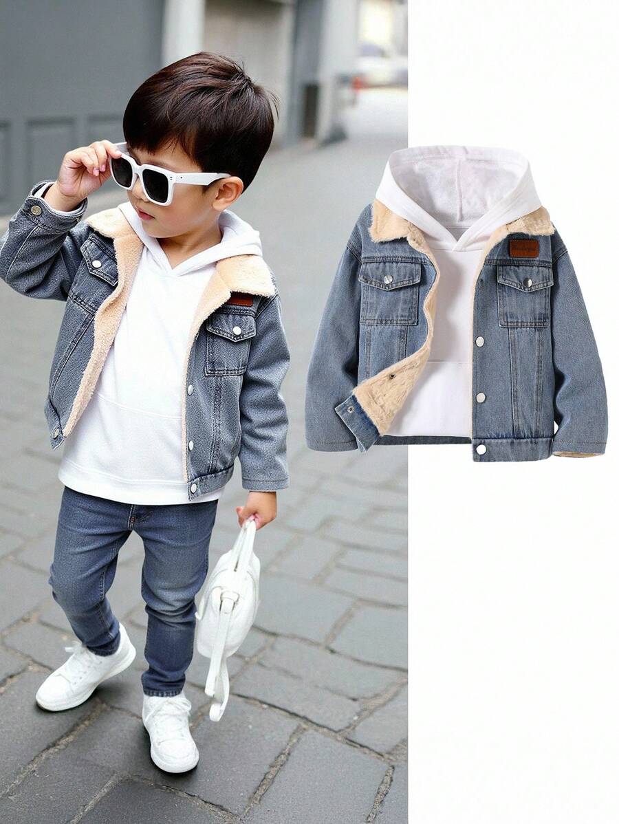 SHEIN TaviRue 男童加厚保暖外套，带领子、口袋和撞色装饰，休闲百搭，适合秋冬季节穿着。